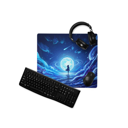 Blue fantasy-themed gaming mousepad with glowing celestial design and silhouetted figure for vaporwave neon desk setup