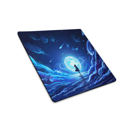 Blue vaporwave neon ocean desktop mousepad with illustrated character and glowing orb on cosmic swirl background