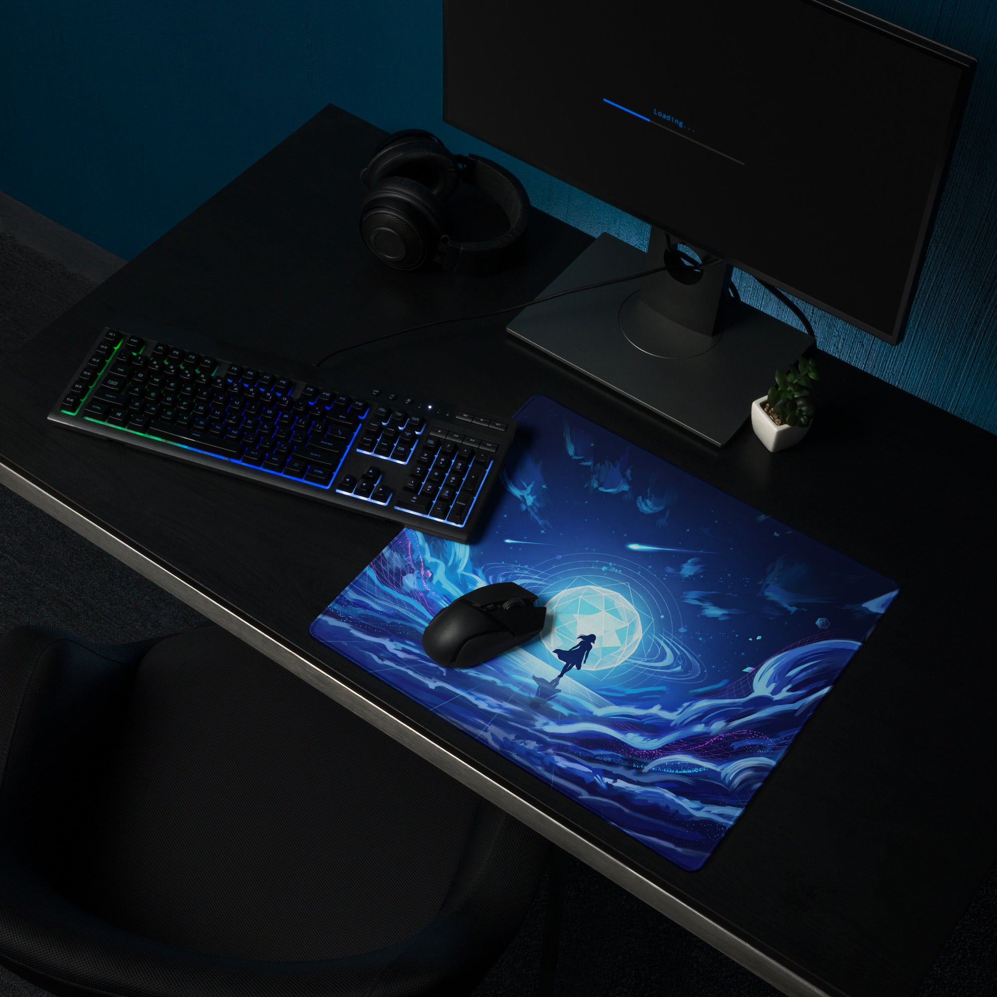 Blue vaporwave neon ocean desktop mousepad with a silhouetted figure and glowing starry moon in cosmic clouds