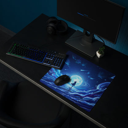 Blue vaporwave neon ocean desktop mousepad with a silhouetted figure and glowing starry moon in cosmic clouds