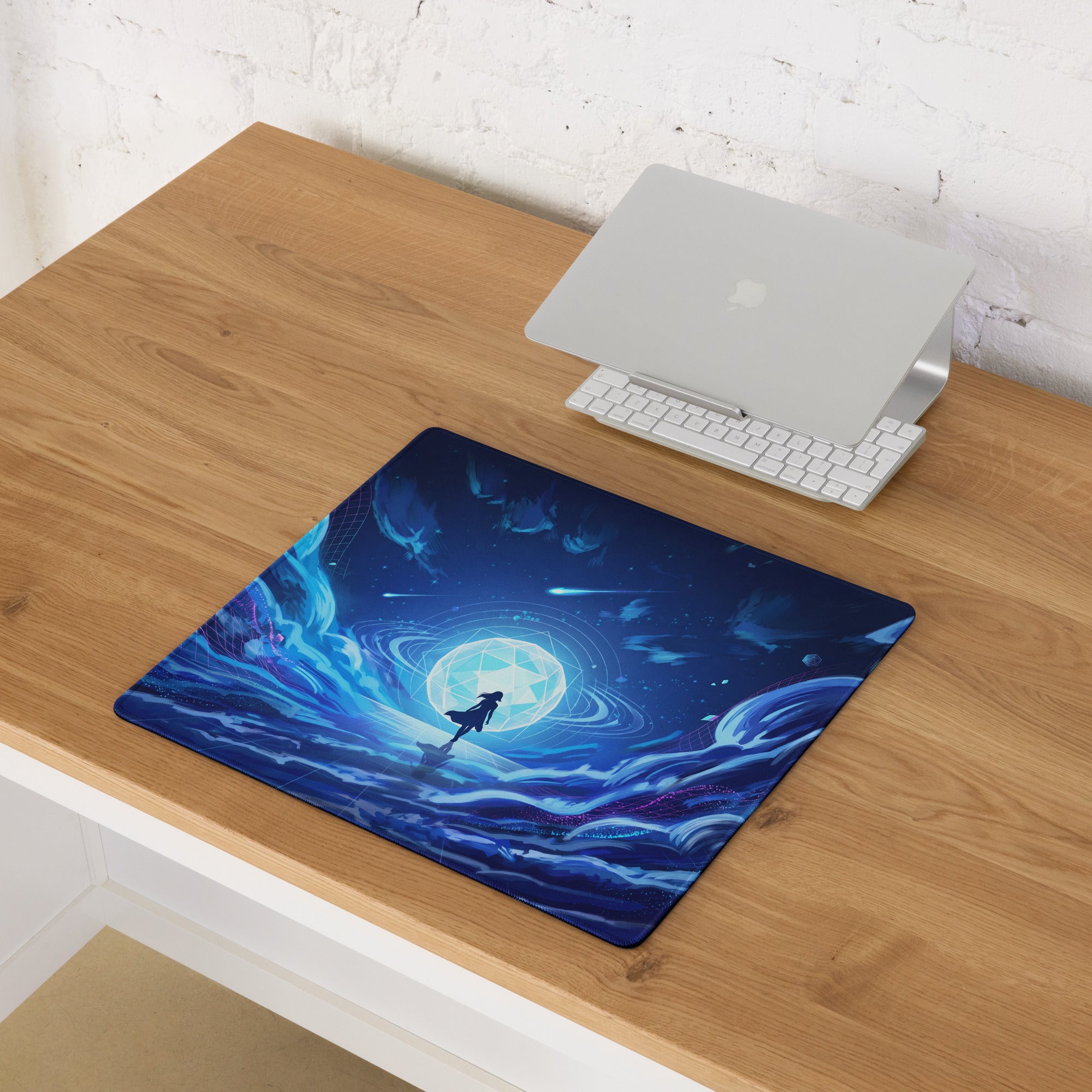 Blue cosmic-themed mousepad with vaporwave neon ocean design featuring silhouette and swirling nebulae for desk setup