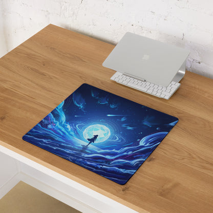 Blue cosmic-themed mousepad with vaporwave neon ocean design featuring silhouette and swirling nebulae for desk setup