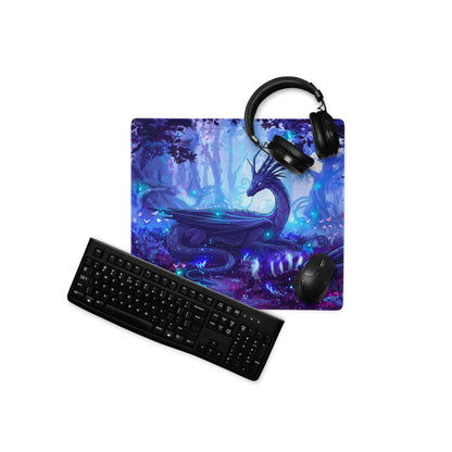 Neon dragon vaporwave mouse pad featuring blue dragon fantasy forest design with glowing blue and purple effects