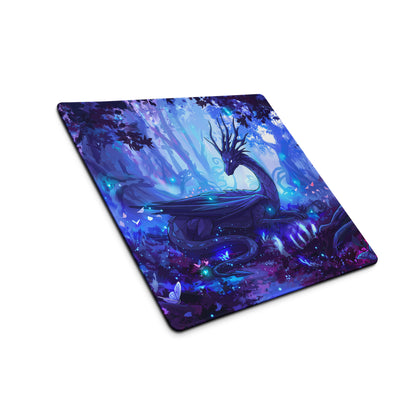 Neon dragon vaporwave mouse pad with vibrant purple and blue dragon illustration on a rectangular gaming surface