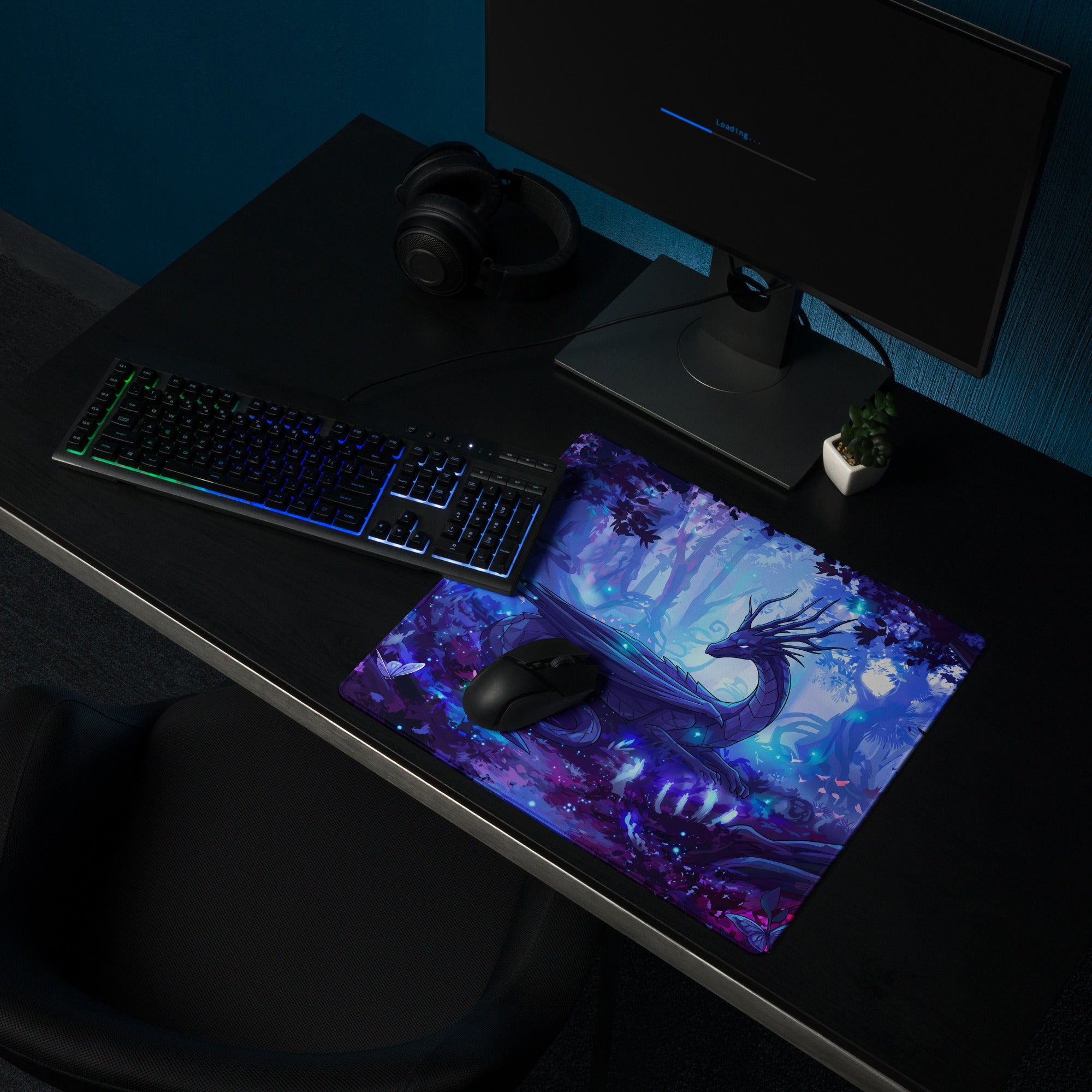 Neon dragon vaporwave gaming mousepad with purple and blue design and glossy surface for retro futuristic desks