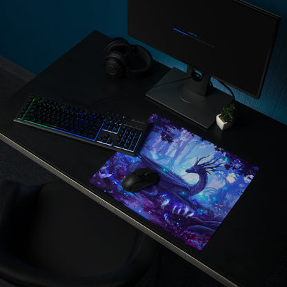 Neon dragon vaporwave gaming mousepad with purple and blue design and glossy surface for retro futuristic desks