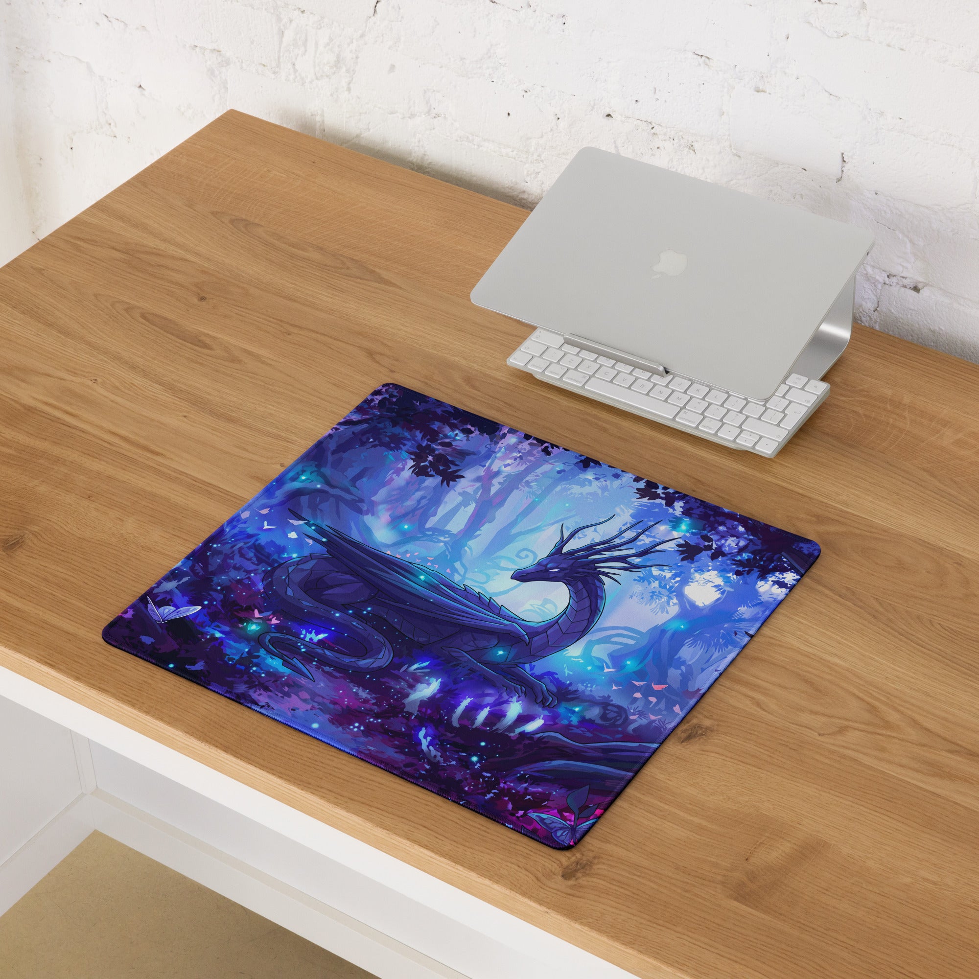 A rectangular neon dragon vaporwave mouse pad with vibrant blue and purple fantasy dragon illustration