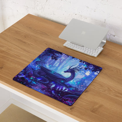 A rectangular neon dragon vaporwave mouse pad with vibrant blue and purple fantasy dragon illustration