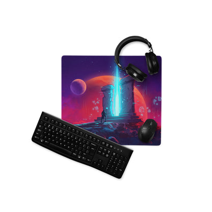 Vaporwave neon night mouse pad with vibrant purple and pink sci-fi design featuring glowing blue portal and orange planet