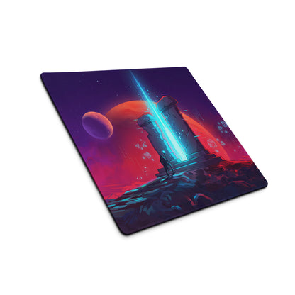 Vaporwave neon night mouse pad with glowing blue beam through stone ruins and red purple planets for gaming desks
