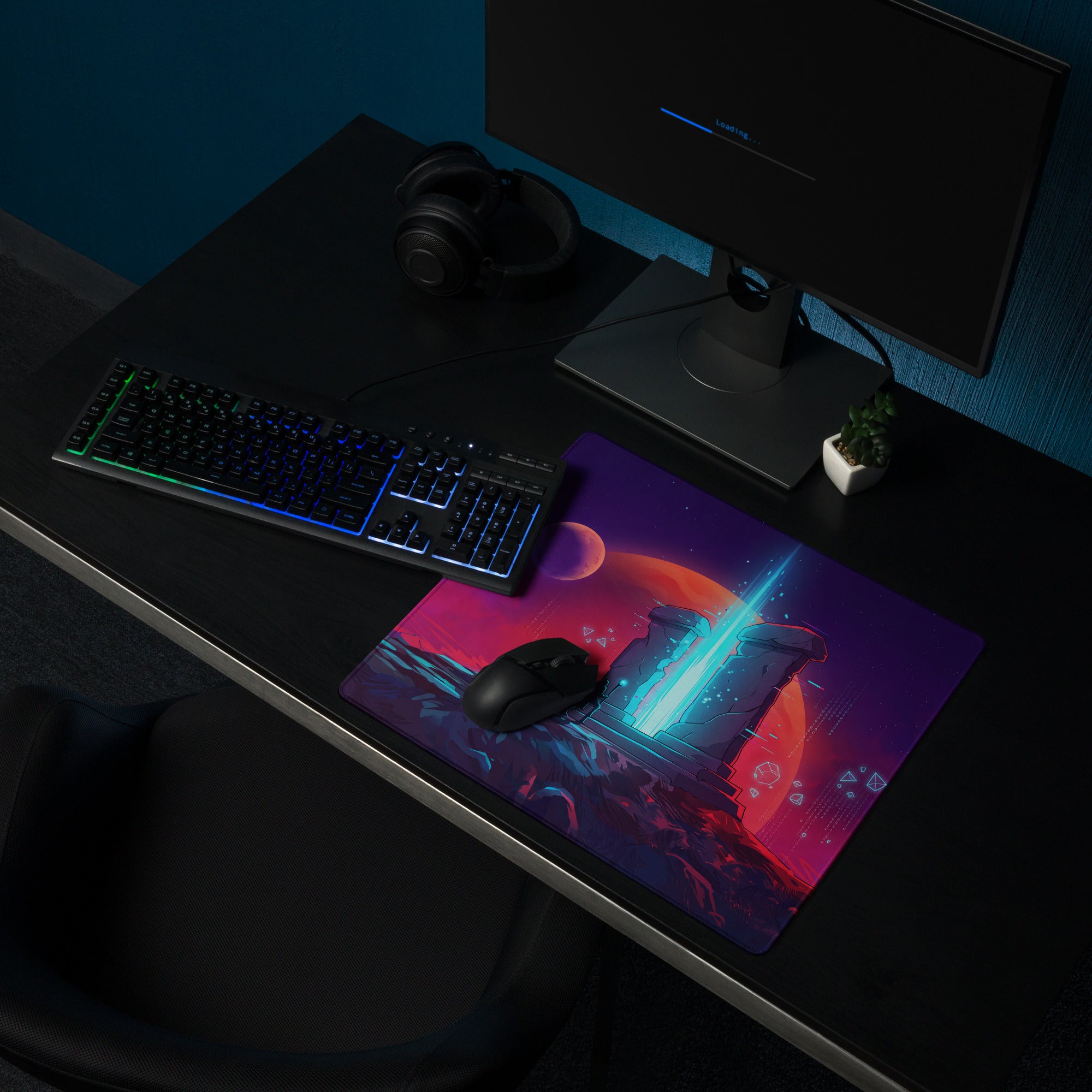 Vaporwave neon night mouse pad with vibrant cosmic purple pink and orange alien landscape design for gaming desks