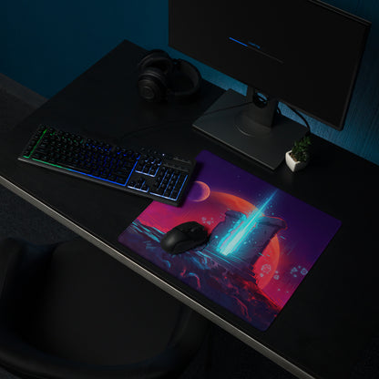 Vaporwave neon night mouse pad with vibrant cosmic purple pink and orange alien landscape design for gaming desks