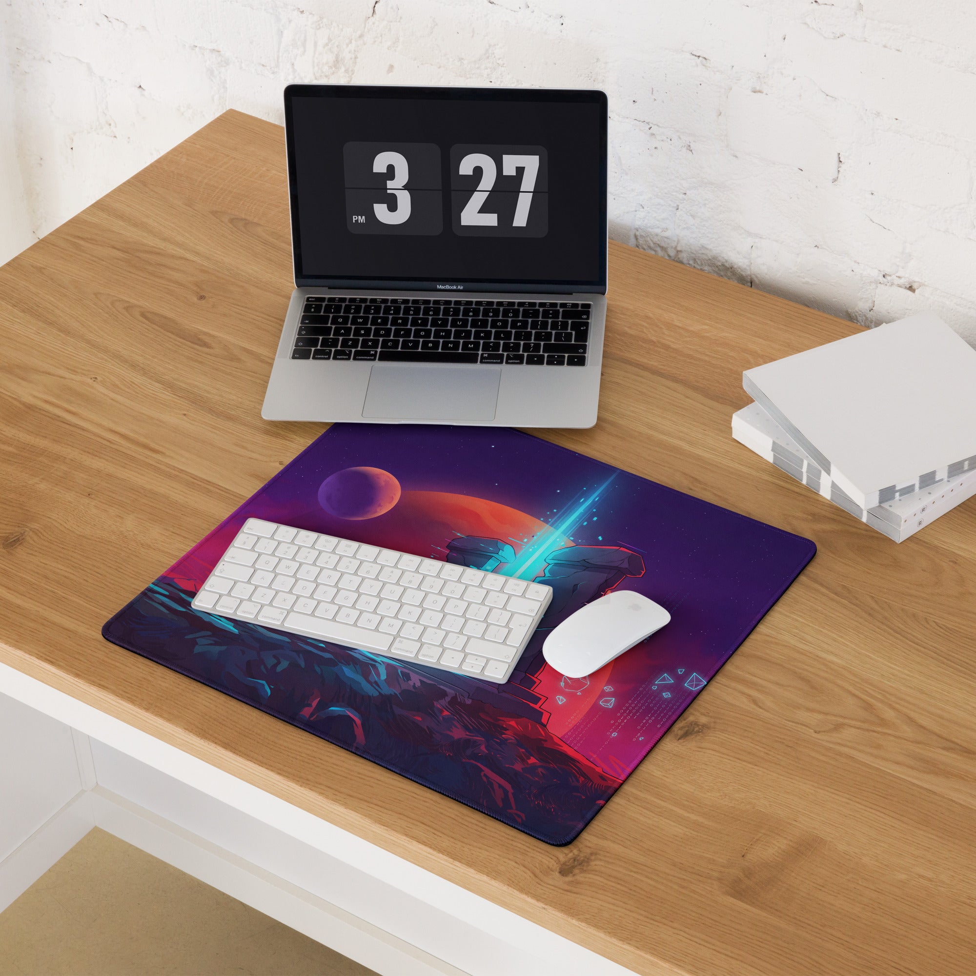 Vaporwave neon night gaming mouse pad with vibrant purple pink orange nebula planets and glowing blue energy beams design
