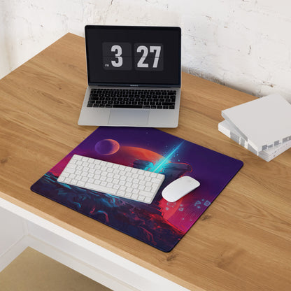 Vaporwave neon night gaming mouse pad with vibrant purple pink orange nebula planets and glowing blue energy beams design