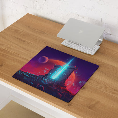 Vaporwave neon night mouse pad with glowing blue beam red and purple planets on smooth surface for gaming desk