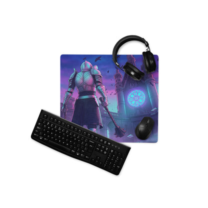 Purple and blue vaporwave neon city knight mouse pad featuring a knight in armor before a gothic cathedral design