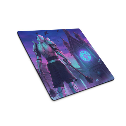 Purple and blue gaming mousepad featuring a knight in armor before a gothic cathedral with glowing stained glass