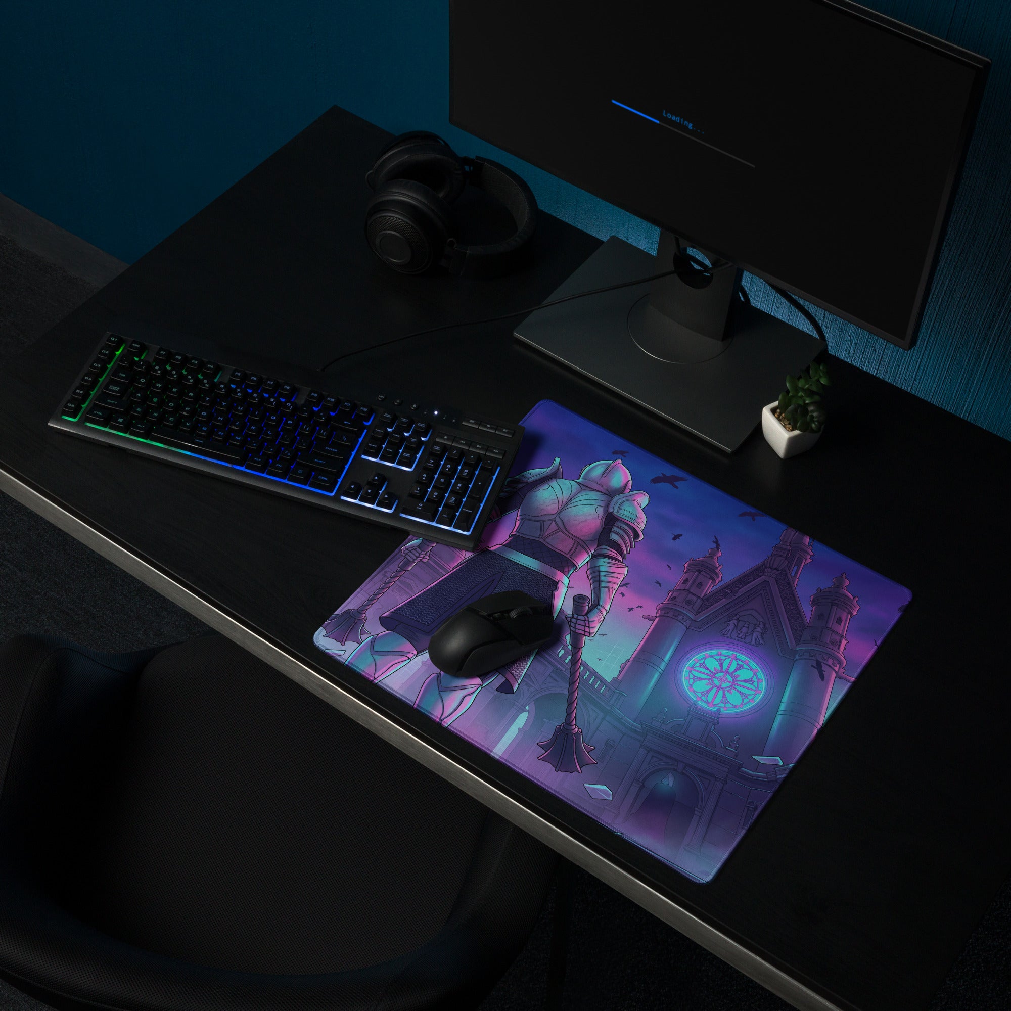 Purple and blue neon-themed gaming mousepad with fantasy knight design for vaporwave retro futurism desk setups