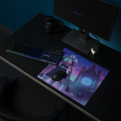 Purple and blue neon-themed gaming mousepad with fantasy knight design for vaporwave retro futurism desk setups