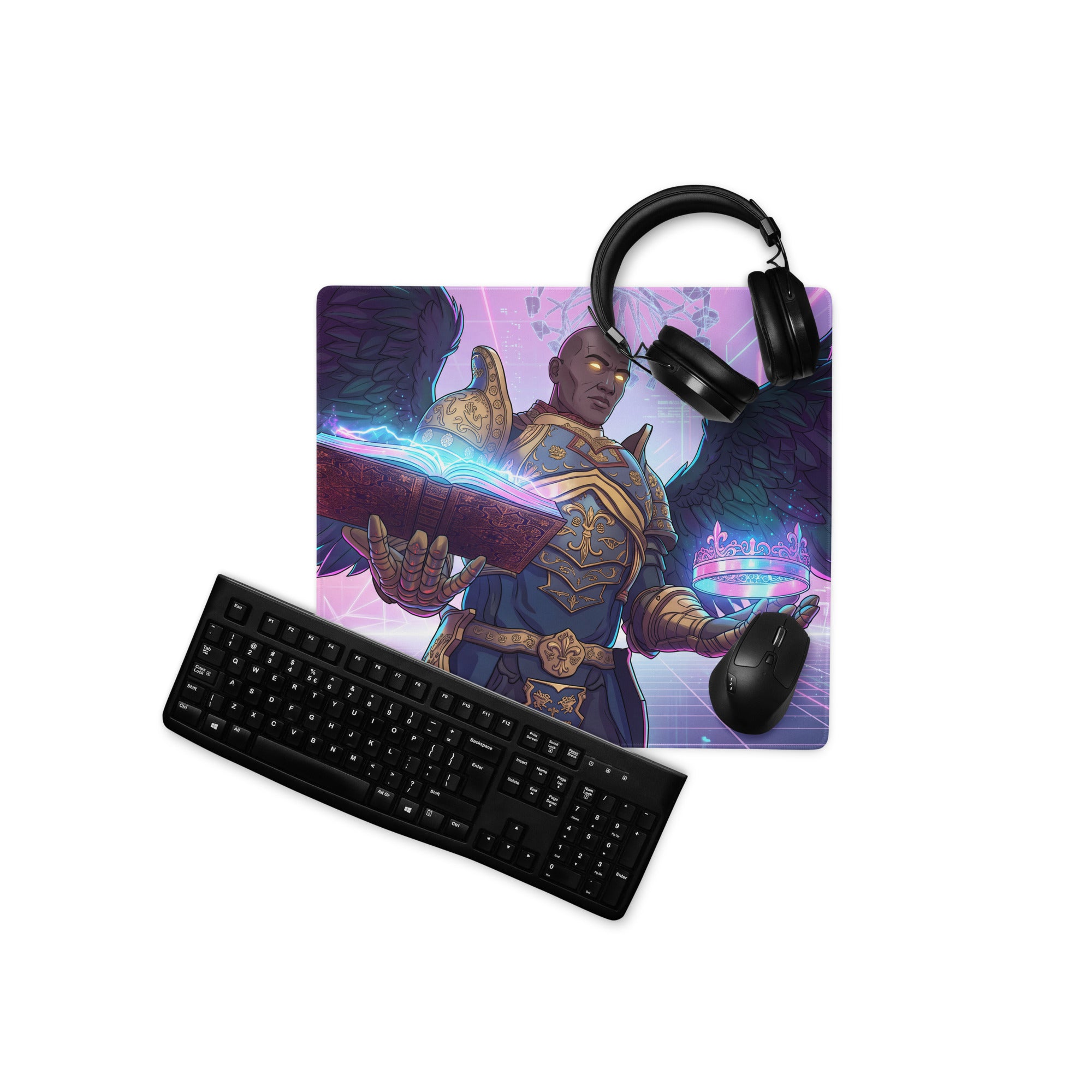 Vaporwave angel neon pad gaming mousepad with vibrant purple and blue mage illustration glowing eyes and magical book