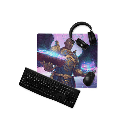 Vaporwave angel neon pad gaming mousepad with vibrant purple and blue mage illustration glowing eyes and magical book