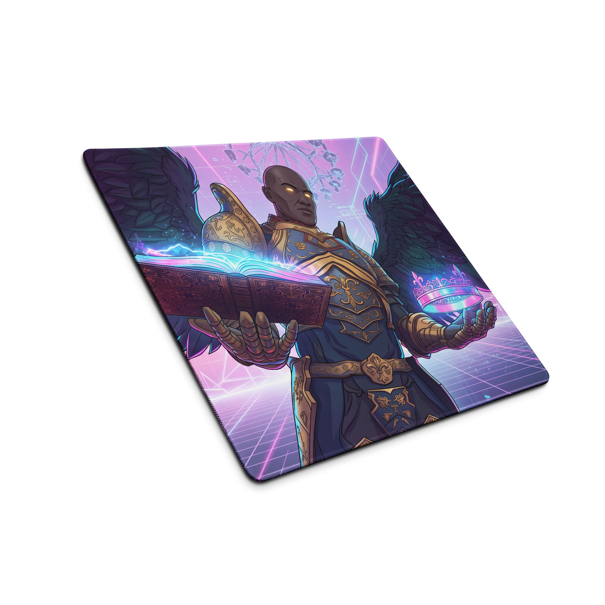 Rectangular gaming mousepad with vibrant neon purple blue vaporwave angel holding mystical book illustration