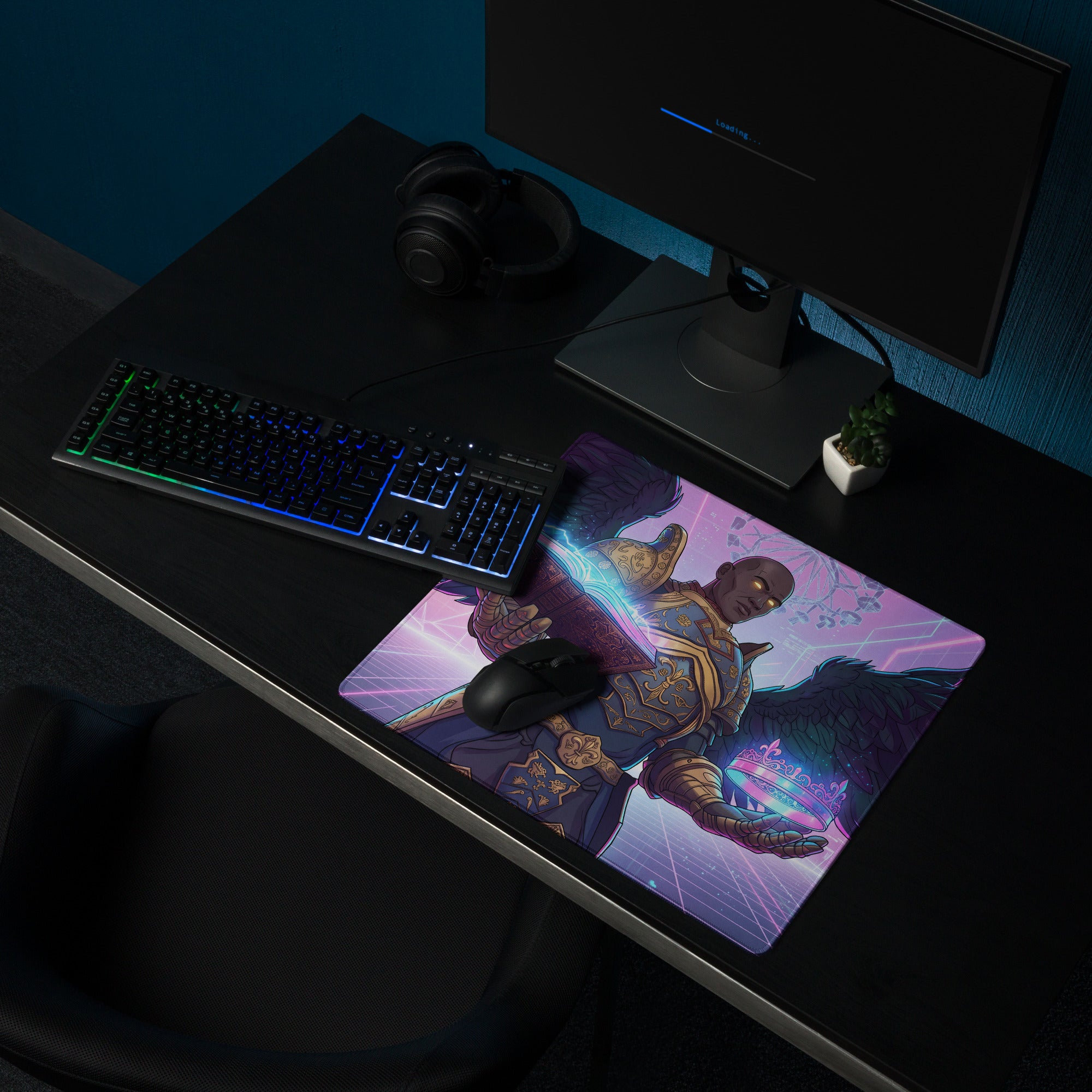 Purple and gold fantasy-themed vaporwave angel gaming mousepad with detailed warrior illustration and neon dreamy glow design