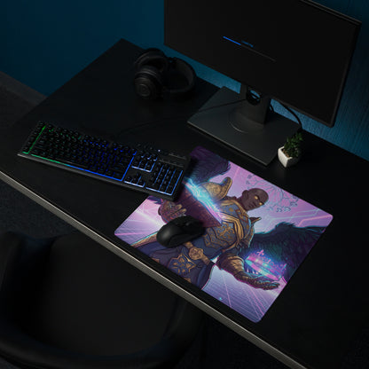 Purple and gold fantasy-themed vaporwave angel gaming mousepad with detailed warrior illustration and neon dreamy glow design
