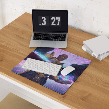 Vibrant purple and blue vaporwave angel gaming mousepad with glowing fantasy character and neon dreamy retro design