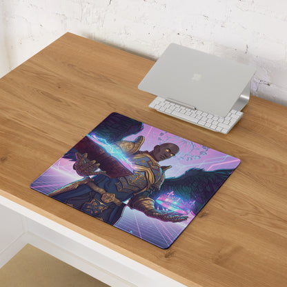 Rectangular vaporwave angel neon mousepad with vibrant armored angel and glowing blue purple energy on dark background