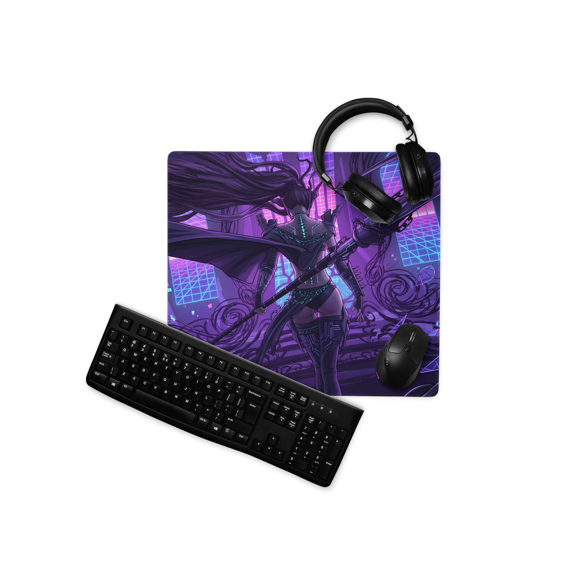 Purple and blue neon vaporwave blade gaming mouse pad with anime character and futuristic cityscape design