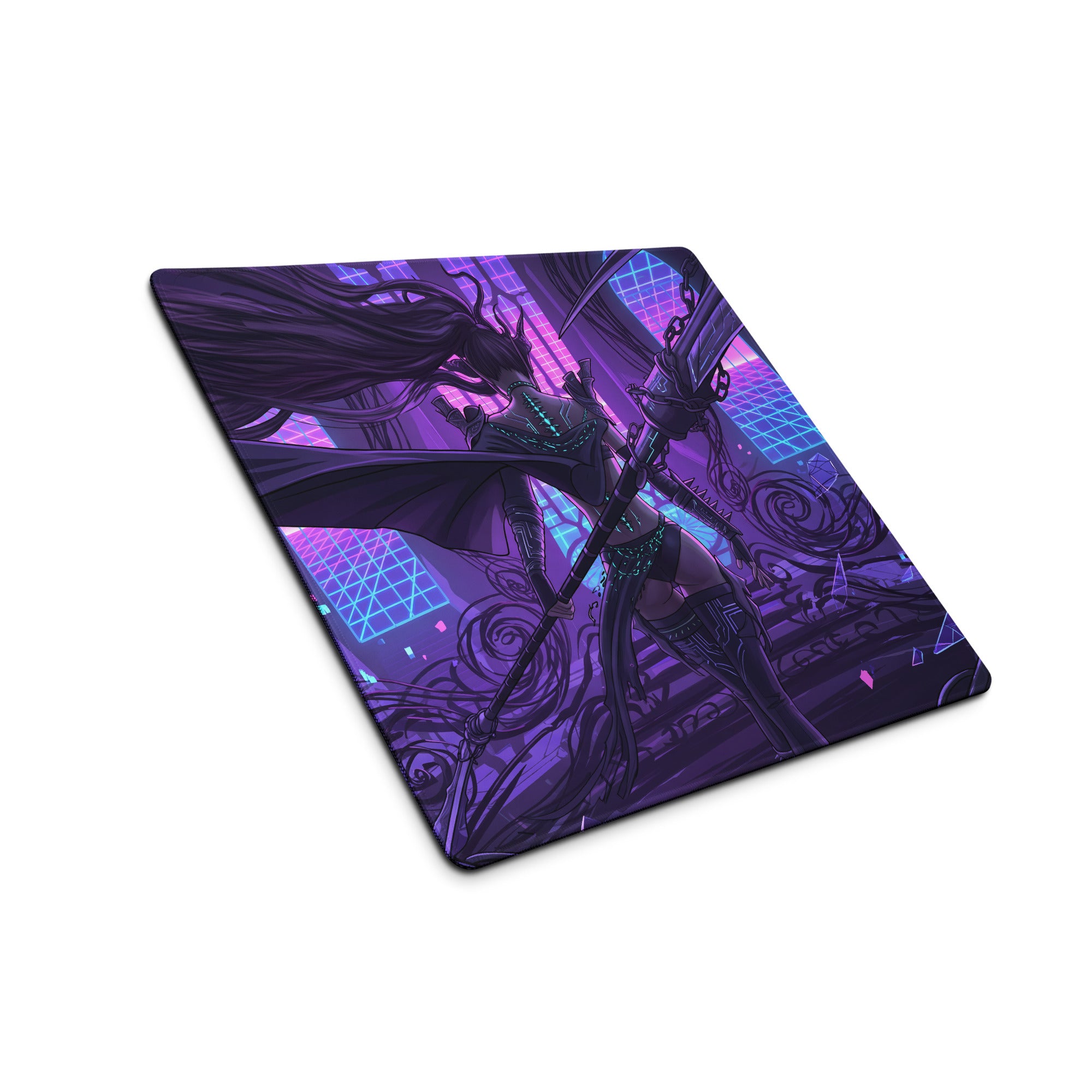 Purple and blue neon-lit vaporwave neon blade gaming mouse pad with dark-haired warrior in futuristic armor holding sword