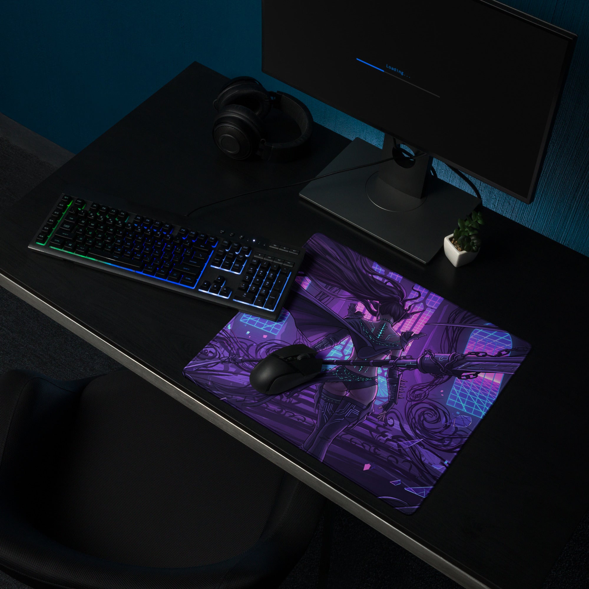 Vaporwave neon blade gaming mouse pad featuring a purple and black design with anime futuristic armor illustration