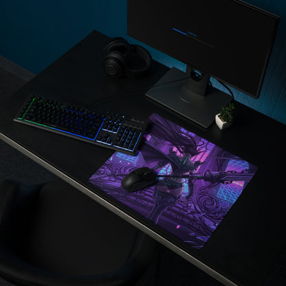Vaporwave neon blade gaming mouse pad featuring a purple and black design with anime futuristic armor illustration