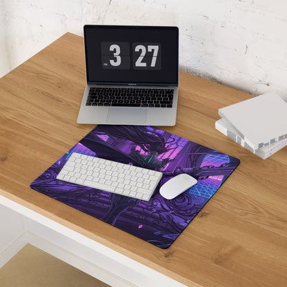 Purple and black anime-themed gaming mousepad with glowing blue circuit patterns for vaporwave neon blade setup