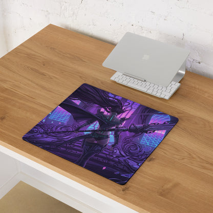 Vaporwave neon blade gaming mouse pad with purple blue neon anime character and futuristic cityscape design
