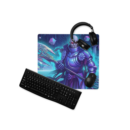 Purple and teal vaporwave neon warrior gaming mouse pad with armored character and digital circuitry design