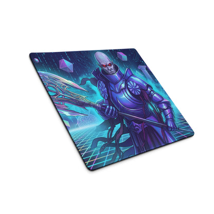 Purple and teal cyberpunk mouse pad featuring armored warrior with glowing red eyes and futuristic weapon on neon grid