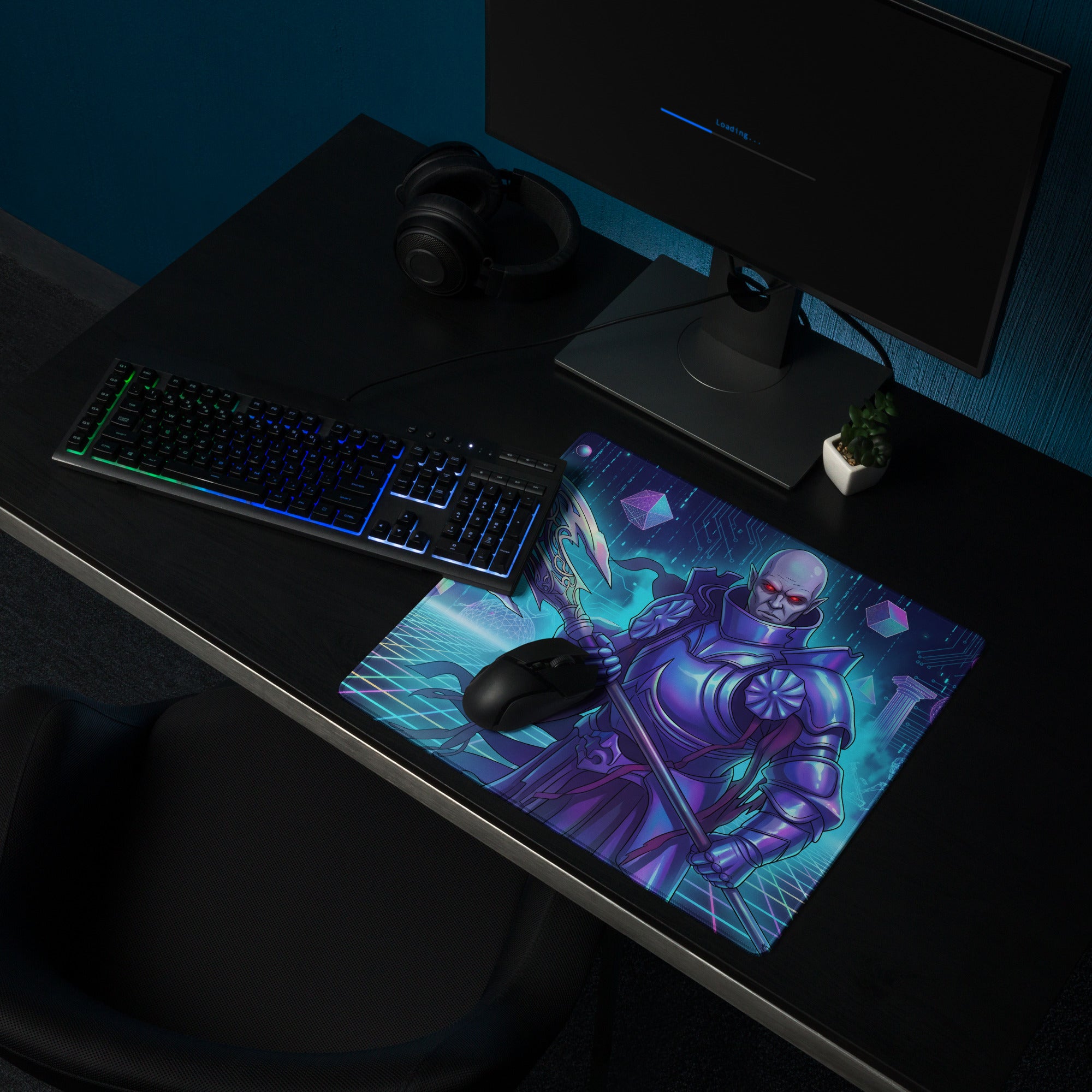Purple armored warrior mouse pad with glowing cyan accents and a futuristic cityscape vaporwave cyberpunk design