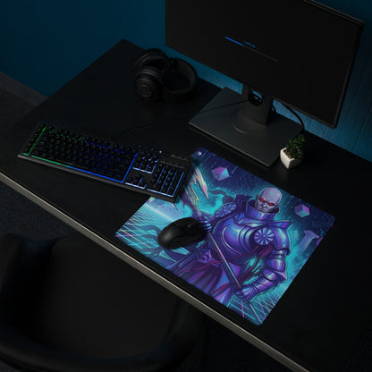 Purple armored warrior mouse pad with glowing cyan accents and a futuristic cityscape vaporwave cyberpunk design