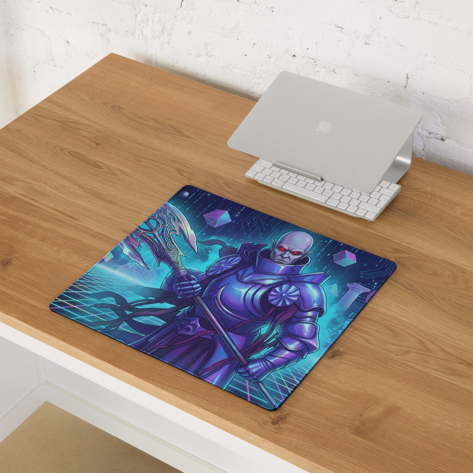 Purple armored warrior with glowing red eyes on a blue and teal vaporwave neon warrior gaming mouse pad