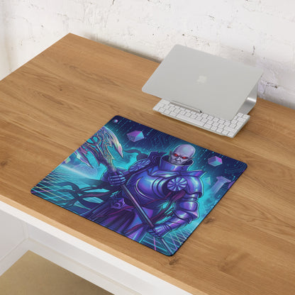 Purple armored warrior with glowing red eyes on a blue and teal vaporwave neon warrior gaming mouse pad