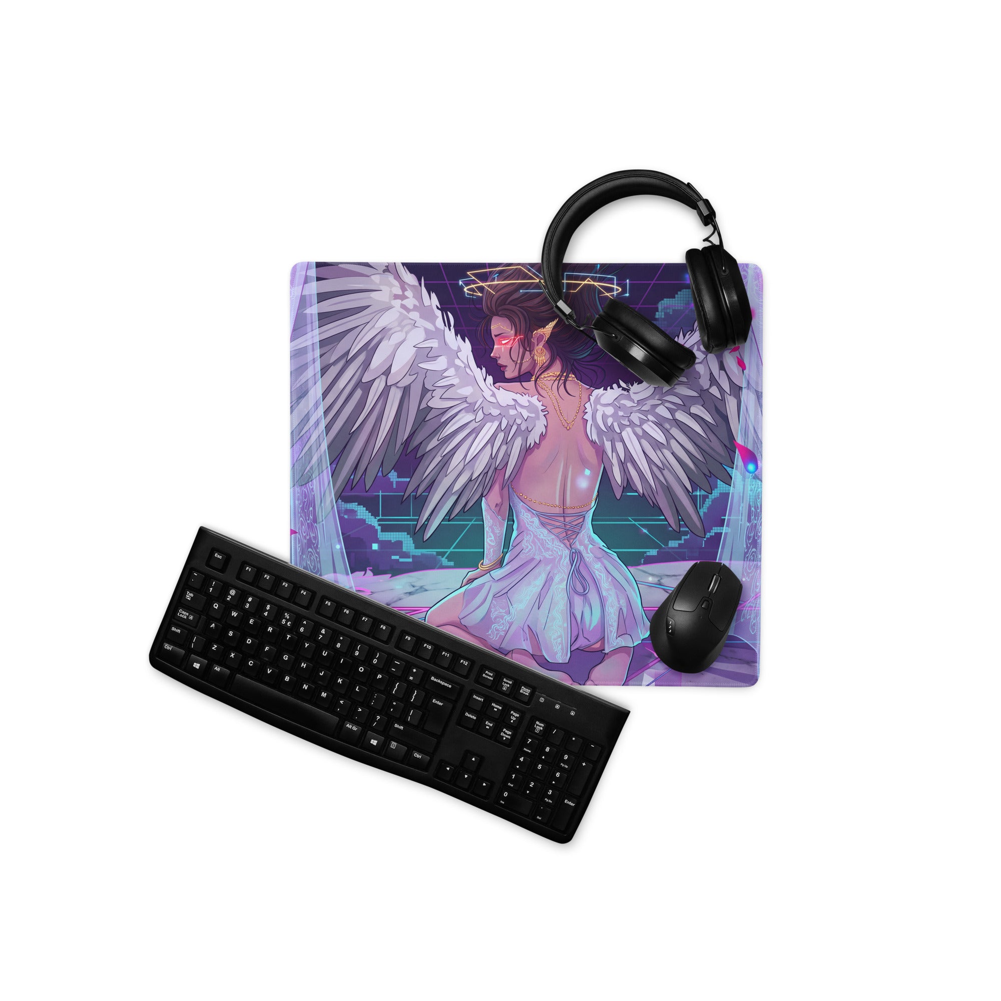 Rectangular gaming mousepad with vibrant vaporwave angel wing digital art in pink blue neon for desk use