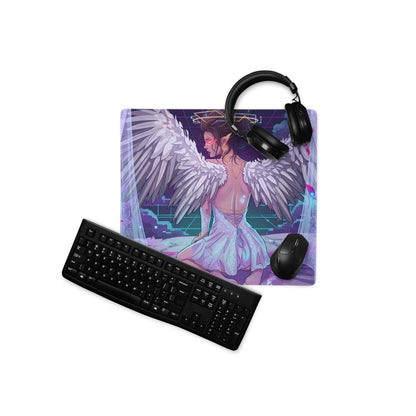 Rectangular gaming mousepad with vibrant vaporwave angel wing digital art in pink blue neon for desk use