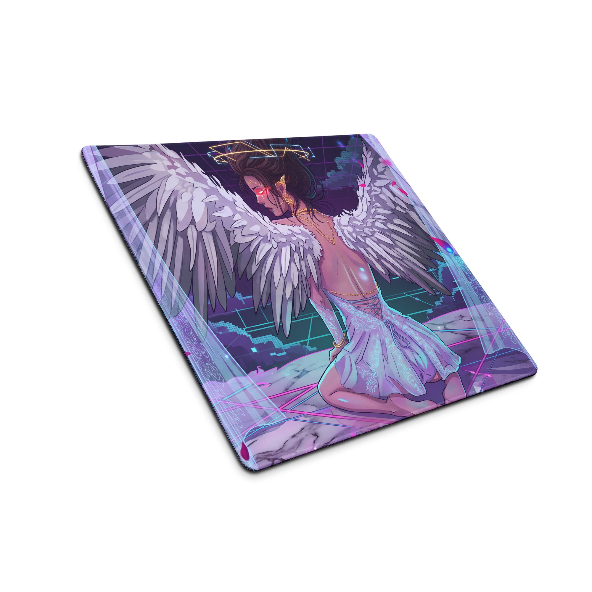 Rectangular gaming mousepad with vibrant vaporwave angel wing neon pink blue digital artwork on purple background