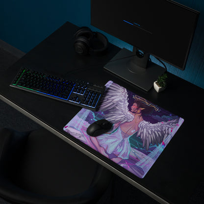 Rectangular gaming mousepad with vibrant vaporwave angel wing design in neon pink and blue for a gaming desk setup