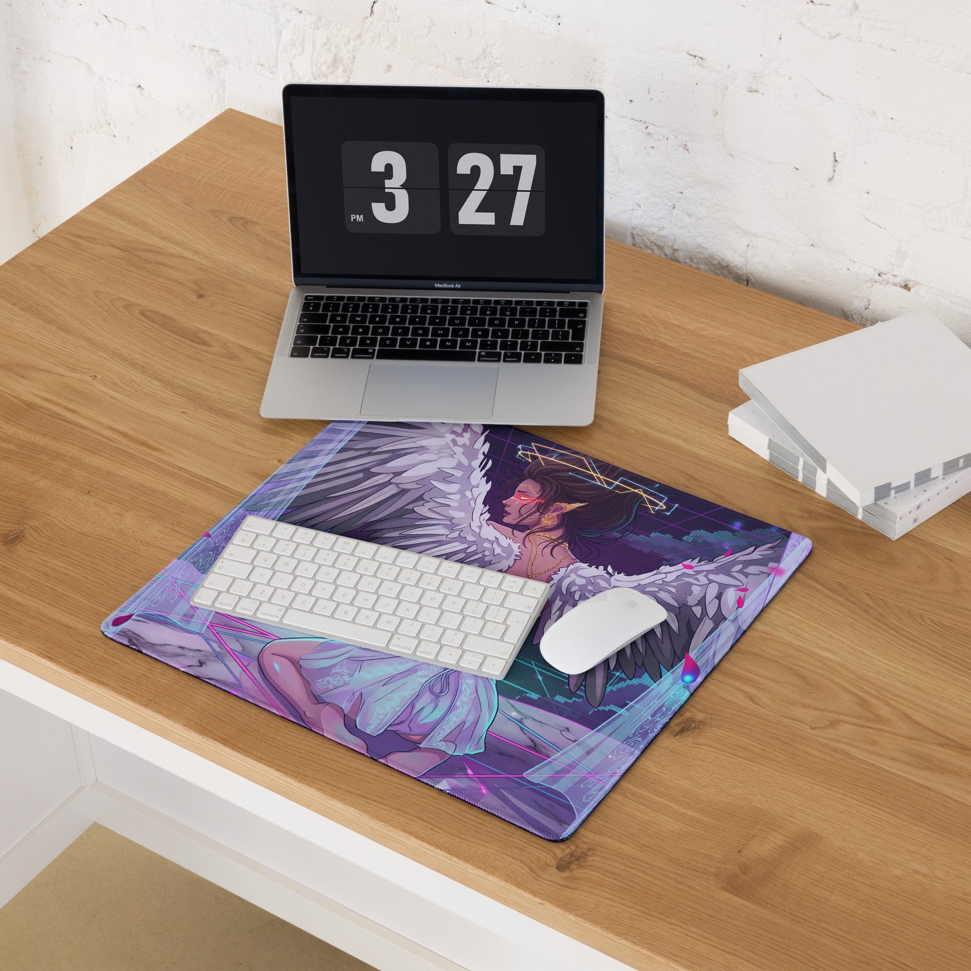 Purple and blue angel-themed mousepad featuring ethereal figure with intricate wings in soft pastel vaporwave design