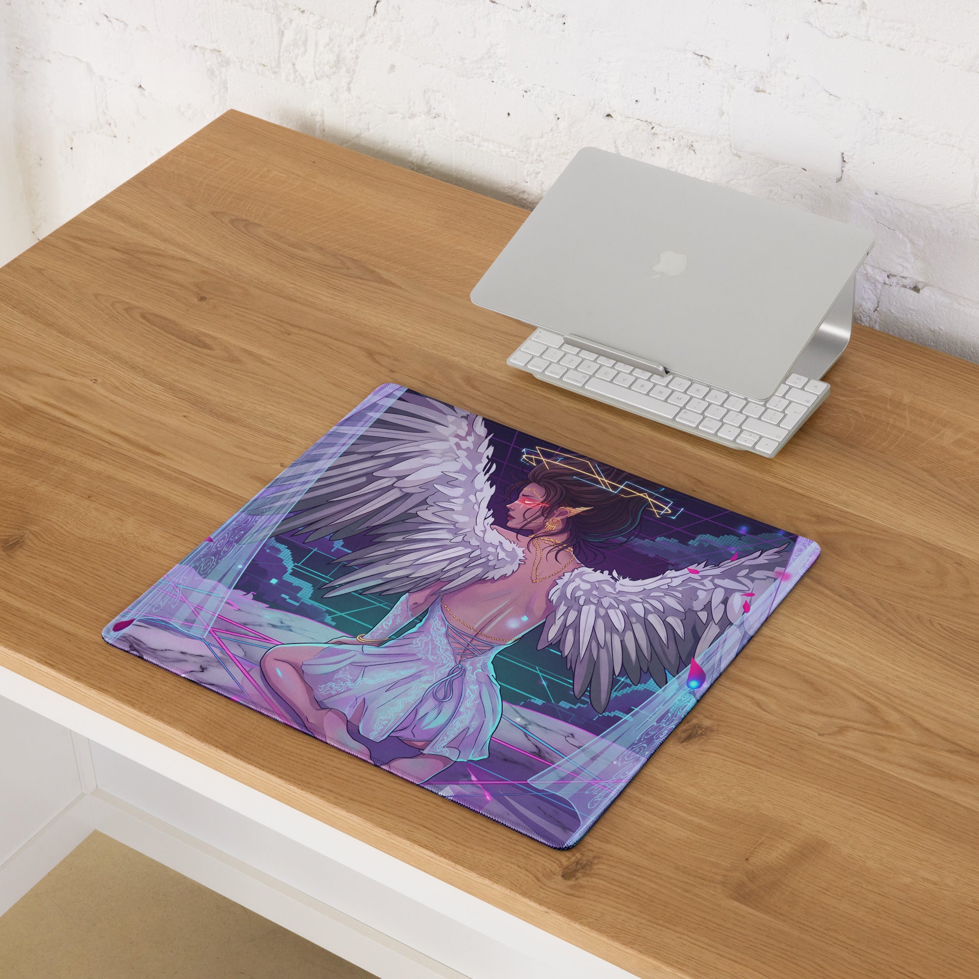 A rectangular gaming mousepad with a vaporwave angel wing design in neon pink and blue on a cosmic background