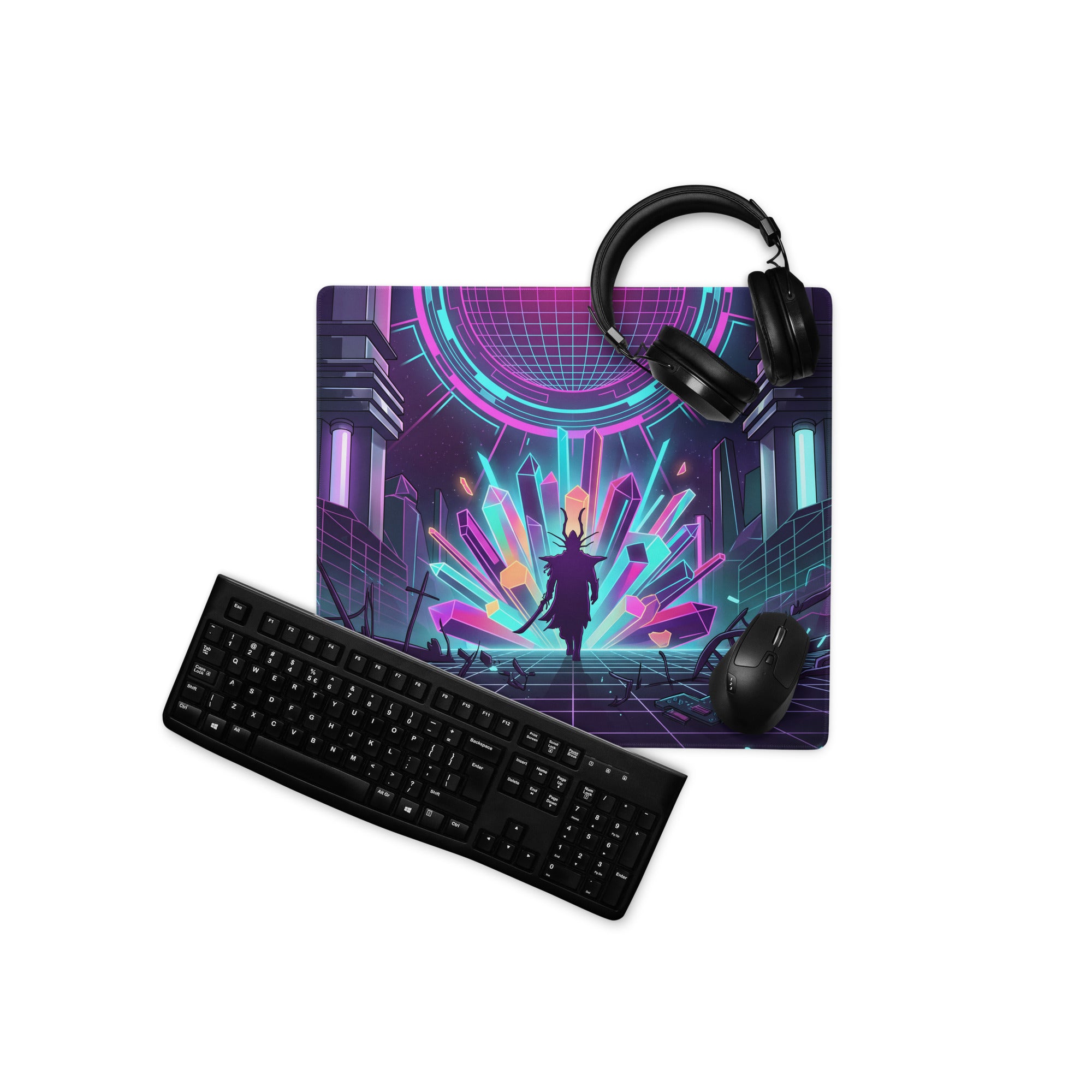 Neon vaporwave gaming mouse pad with vibrant purple pink cyan colors and cyberpunk antler figure with glowing crystals