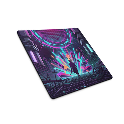 Neon vaporwave gaming mouse pad with vibrant nebula-themed purple pink cyan design featuring glowing crystals and futuristic elements